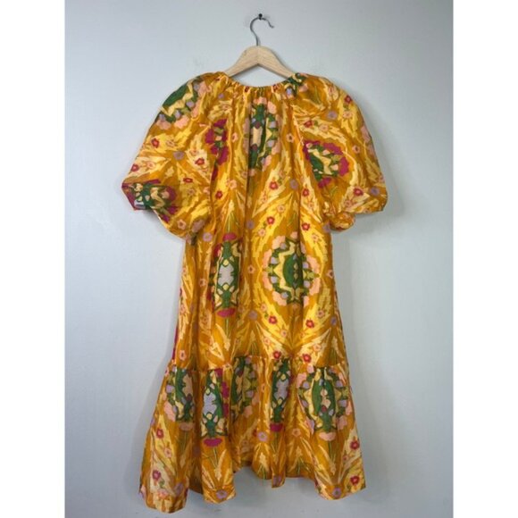 NWT Marie Oliver Elastic Neck Tiered Greta Dress Marigold Trellis Size: Small - Picture 8 of 9